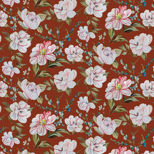 Petite Camellias in Brickhouse on Pearl Linen