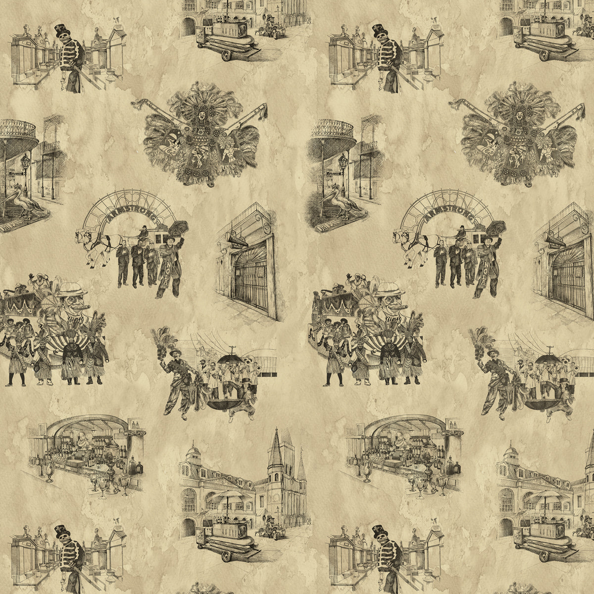 New Orleans Toile: Backstreets in Black and Gold