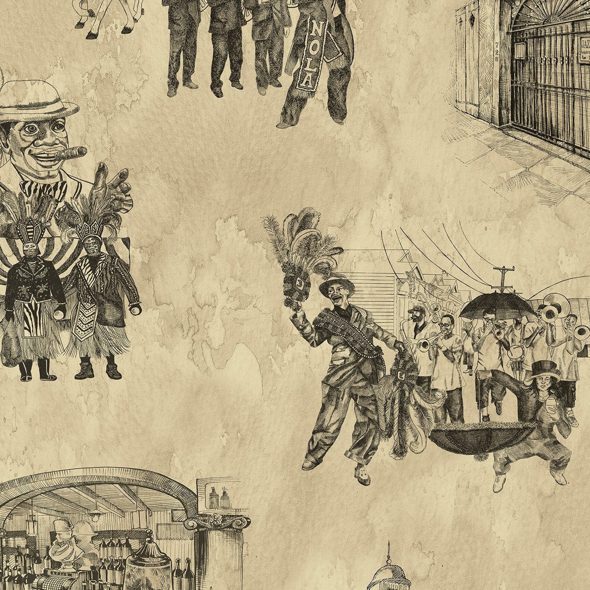 New Orleans Toile: Backstreets in Black and Gold